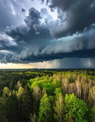 Storm clouds over vibrant green forest