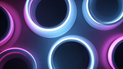 Dynamic neon rings glow with vibrant pink and blue light creating a futuristic abstract background perfect for modern tech concepts