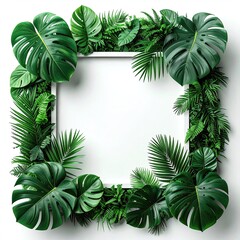 Square white frame surrounded by lush tropical greenery