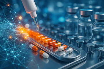 AI generated futuristic pharmaceutical production line blending smart manufacturing with digital data networks showing advanced medical technology precision innovation and healthcare transformation