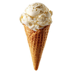 A single scoop of pale yellow vanilla ice cream sits atop a crisp, waffle cone