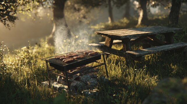 Sizzling burgers cook on a rustic grill in a sun-dappled forest clearing beside an empty wooden picnic table, evoking a perfect summer outdoor dining experience.