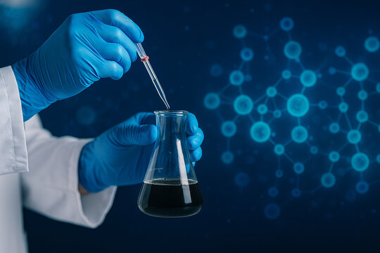 AI generated scientist using a pipette with glowing blue molecular graphics in the background representing biotechnology research precision innovation and advanced scientific technology