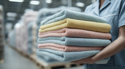 A woman in a blue uniform carefully holds a stack of colorful towels in a textile warehouse, showcasing vibrant pastel shades.