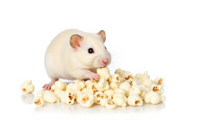 Hamster eating popcorn on white background  
