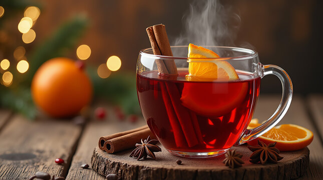 A steaming glass of mulled wine with slices of orange, cinnamon sticks, star anise, and cloves on a rustic wooden table.