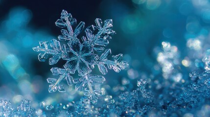 Crystalline Snowflake: A single, intricate snowflake glistens, showcasing its delicate structure against a frosty backdrop, embodying the ethereal beauty of winter.