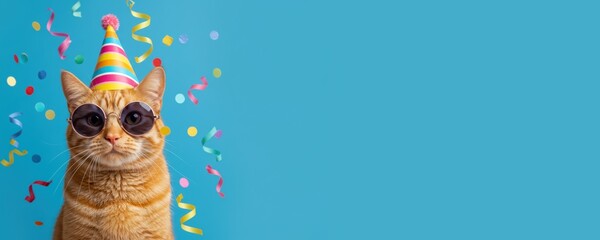 Cute ginger cat wears a festive party hat and glasses on a blue background with colorful confetti and streamers for birthday celebration, birthday party card, invitation banner.