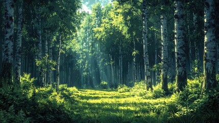 Sun-Dappled Birch Forest Path: Anime-Style Serenity and Lush Greenery