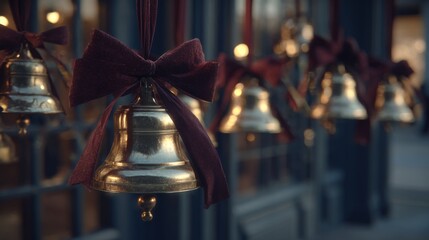 Beautifully decorated golden bells with maroon bows, creating a festive ambiance in a charming storefront.