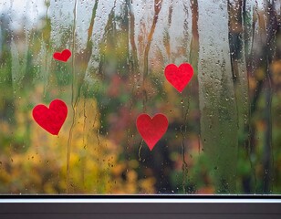 Rainy window with red hearts