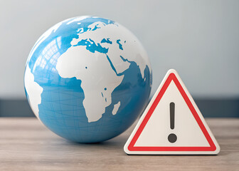 Globe with wireless signal, triangular warning sign with exclamation mark, and search bar. Ideal for internet issues, cybersecurity, warning, network troubleshooting, online safety, alertness
