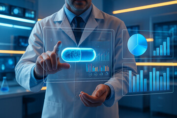 AI generated futuristic medical technology scene showing doctor interacting with glowing digital hologram displaying capsule and data charts representing innovation analysis and healthcare advancement