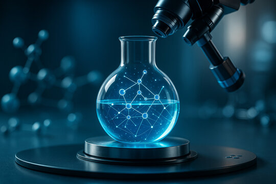 AI generated futuristic laboratory scene combining real glassware and glowing molecular graphics symbolizing advanced science precision innovation and data driven research - Powered by Adobe