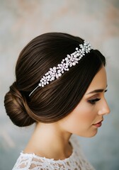 Elegant woman with flower crown and dark hair in natural light