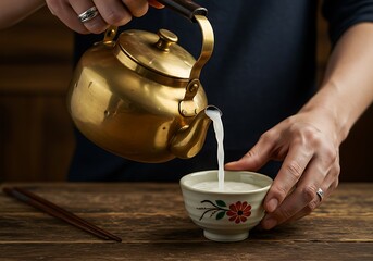 Pouring beverage from golden teapot into a floral cup on a wooden table