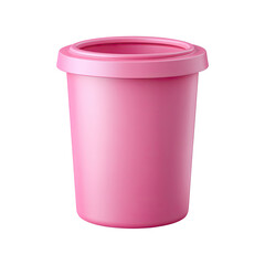A short, cylindrical, light pink container with a slightly raised lid.  Smooth, matte finish