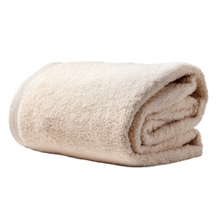 Soft, off-white, fluffy towel rolled neatly, exhibiting plush texture and subtle folds