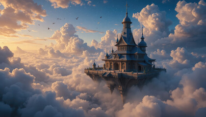 This image depicts a majestic floating castle above the clouds at sunrise.
