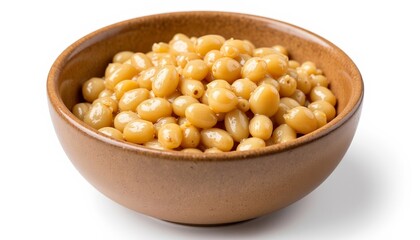 Cooked yellow soybeans in a ceramic bowl on white background  