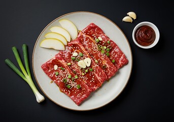 Raw marinated beef slices with vegetables and sauce on a plate