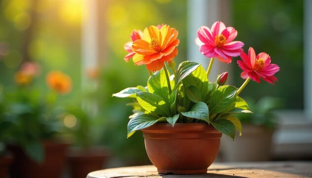Fototapeta Vibrant potted flowering plant in a rustic terracotta pot, bathed in sunlight  Perfect for home decor, gardening, and springtime themes ,  rustic,  petals