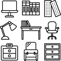 Set of nine office and home workspace icons featuring desk lamp bookshelf monitor chair and drawer units