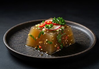Savory jelly dessert with fresh garnishes on dark plate culinary concept