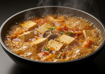 Simmering korean cuisine dish with tofu and vegetables in a pot