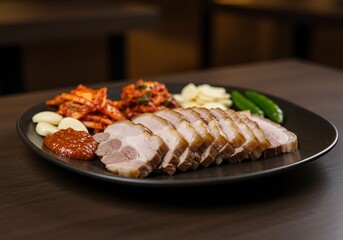 Sliced pork belly with kimchi and vegetables served on a plate