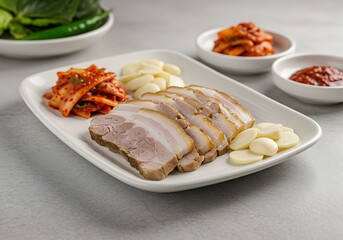 Sliced pork belly with kimchi and garlic arranged on a white plate