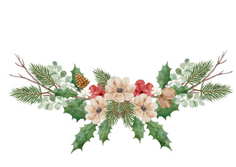 Digital watercolor horizontal center arrangement of festive winter flowers and foliage, ideal for banner headers or dividers on invitations.
