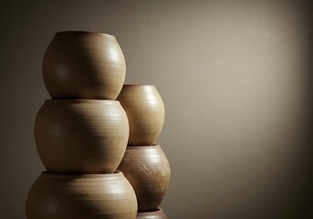 Stacked wooden vases on neutral background illuminated with dramatic lighting
