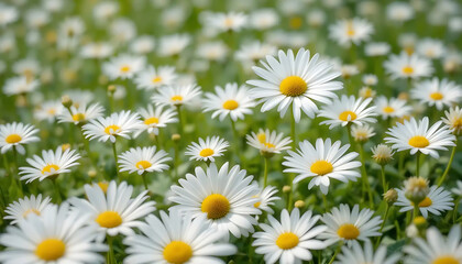 Obraz premium Blooming White Daisies with Yellow Centers in Dense Field Under Soft Focus Background