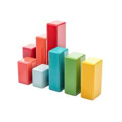 Colorful 3D bar graph depicting ascending and descending data trends, rendered with glossy, rectangular blocks