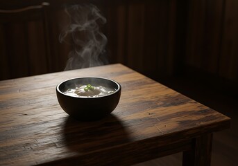 Steaming bowl of food on wooden table with warm lighting
