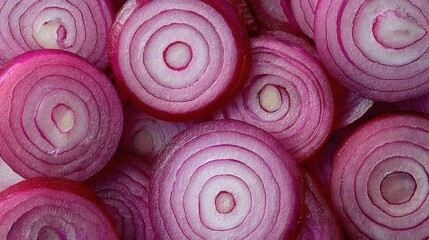 Freshly cut vibrant red onion slices arranged in a delightful texture