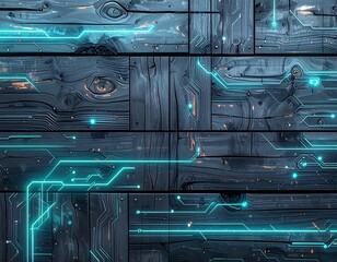 Futuristic wooden plank background merging with neon circuit lines, abstract digital wood texture with copy space
