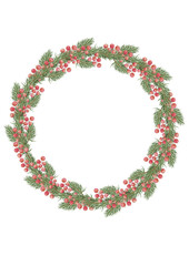 Digital watercolor wreath with vibrant red and pink berries and subtle foliage, perfect for bright and charming holiday card designs.