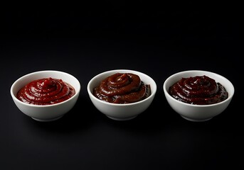 Three bowls of gourmet sauces displayed on a dark surface for culinary purposes