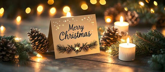 Christmas card with text and envelope among fir branches, candles and pine cones on a green background