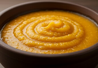 Vibrant orange food in a brown bowl with a circular pattern