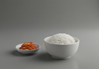 White rice bowl and kimchi on gray surface food photography