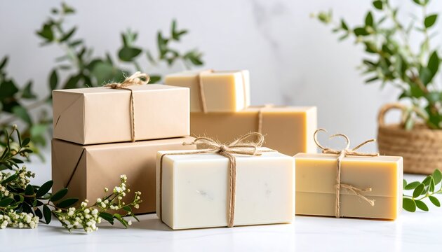 Stacked natural soaps in kraft boxes