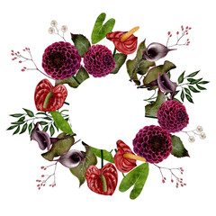 Floral wreath with red anthuriums, purple dahlias and dark calla lilies, watercolor drawing with thin dry-like branches. Perfect for invitations, greeting cards, packaging, posters and decor