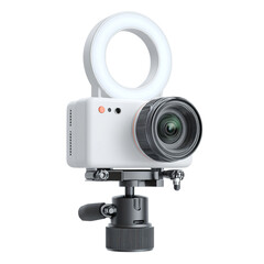 Modern white webcam with ring light isolated on transparent background, perfect for online meetings and streaming png transparent