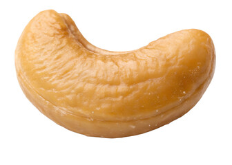 Close-up of a single roasted cashew nut, isolated on a transparent background. background removed