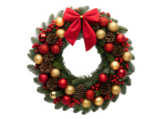 Festive Christmas wreath adorned with red and gold ornaments, pine cones, and a large red bow. background removed