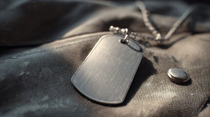 Fototapeta premium A close-up of a military dog tag resting on a textured fabric, showcasing its shiny, metallic surface.