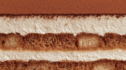 Detailed close-up of delicious tiramisu cake layers with cocoa dust